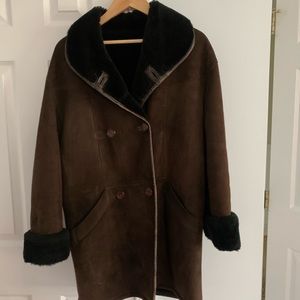 Searle suede chocolate brown coat size XS with fur collar/cuffs and lining